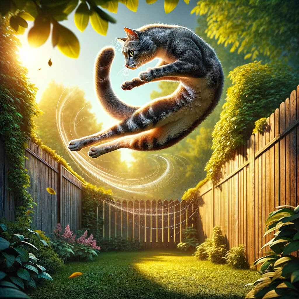 capturing a cat in the midst of a spectacular mid-air twist after leaping from a high place