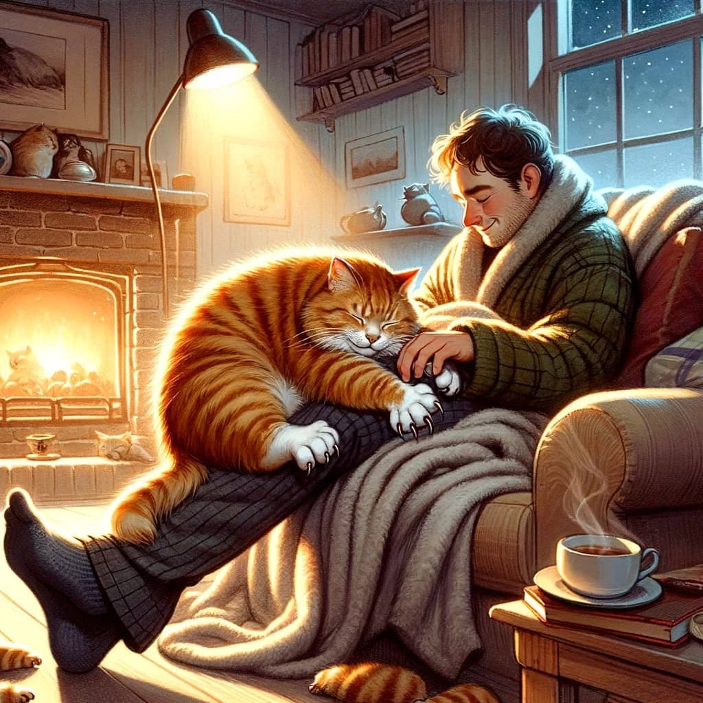 cozy scene where a content cat is kneading on its owner's lap