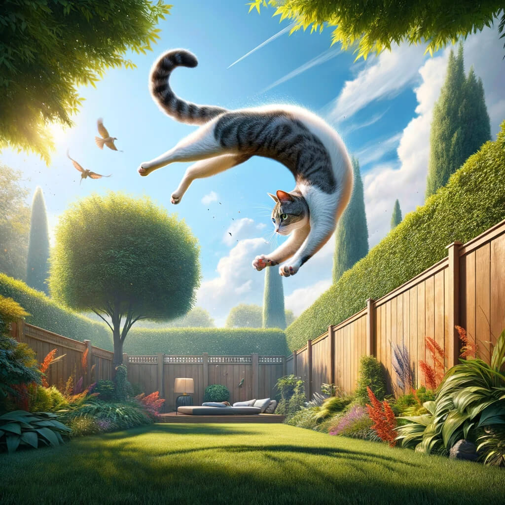 dynamic illustration capturing a cat in the midst of a spectacular mid-air twist after leaping from a high place