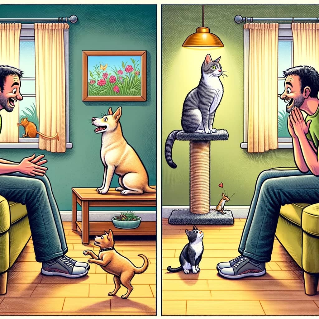 exaggerated illustration showcasing the differences in attention between cats and dogs