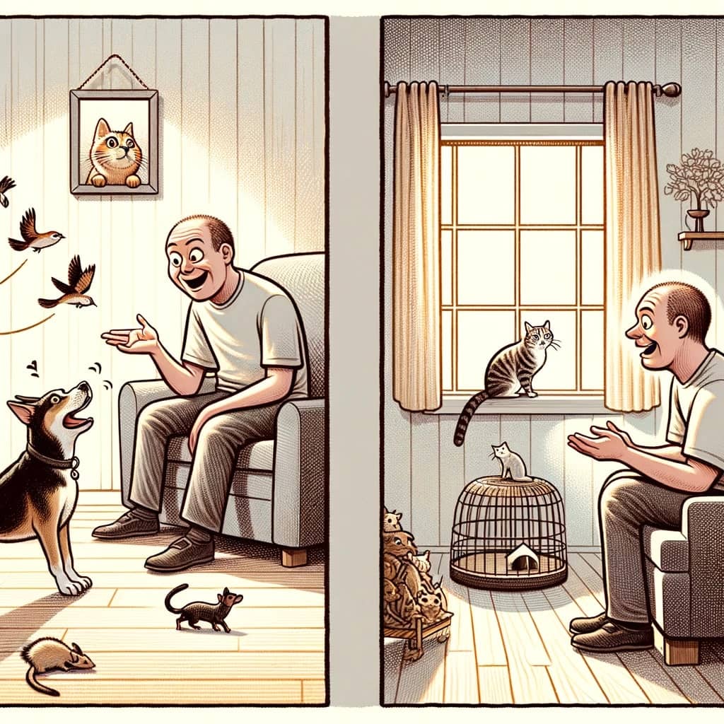 slightly exaggerated illustration showcasing the differences in attention between cats and dogs towards their human owners