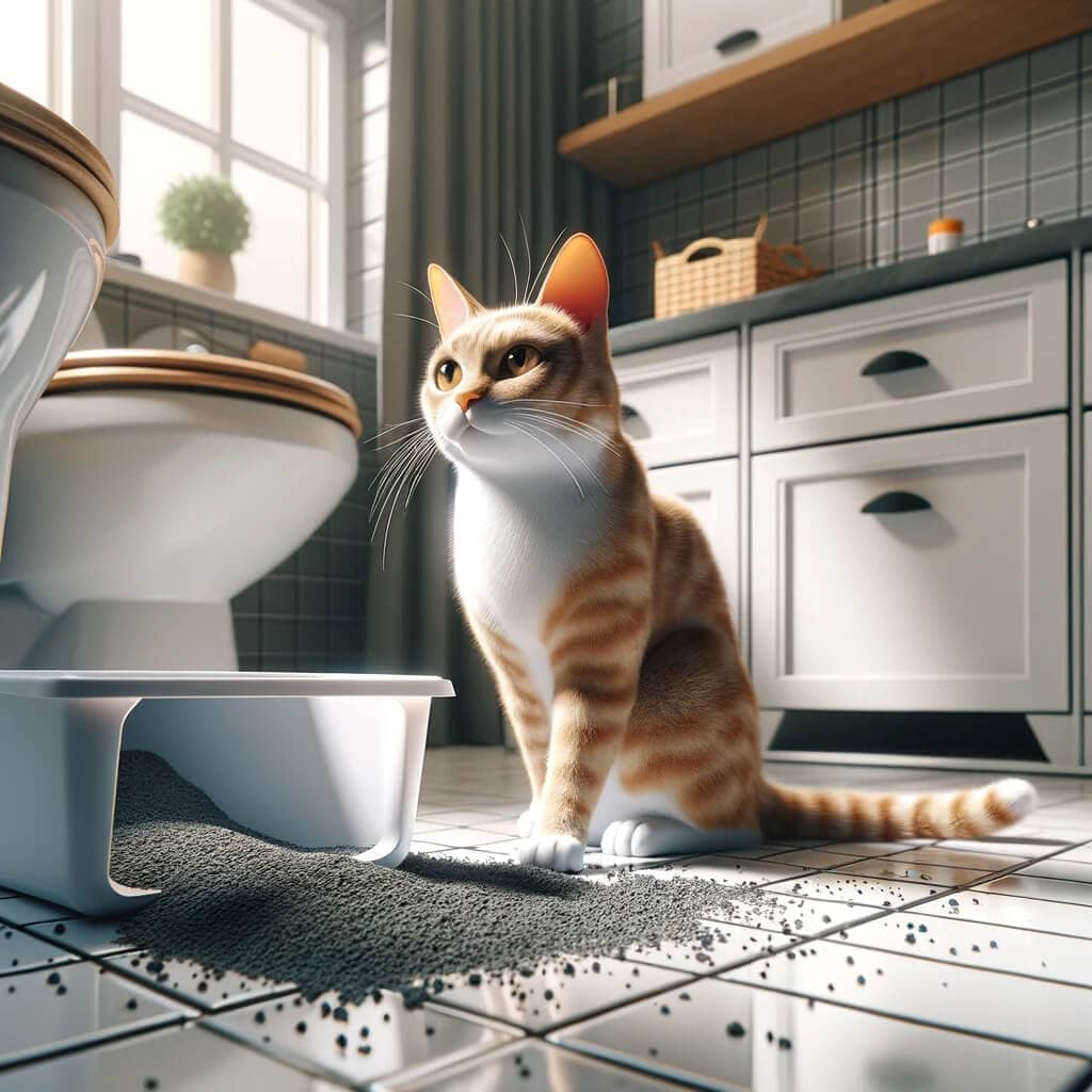 subtly illustrates the issue of a cat avoiding its litter box without depicting any explicit